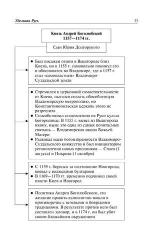 Óäåëüíàÿ Ðóñü 33
Êíÿçü Àíäðåé Áîãîëþáñêèé
1157—1174 ãã.
Ñûí Þðèÿ Äîëãîðóêîãî
l Áûë ïîñàæåí îòöîì â Âûøãîðîäå áëèç
Êèåâà, íî â 1155 ã. ñàìîâîëüíî ïîêèíóë åãî
è îáîñíîâàëñÿ âî Âëàäèìèðå, ãäå â 1157 ã.
ñòàë «ñàìîâëàñòöåì» Âëàäèìèðî-
Ñóçäàëüñêîé çåìëè
l Ñòðåìèëñÿ ê öåðêîâíîé ñàìîñòîÿòåëüíîñòè
îò Êèåâà, ïûòàëñÿ ñîçäàòü îáîñîáëåííóþ
Âëàäèìèðñêóþ ìåòðîïîëèþ, íî
Êîíñòàíòèíîïîëüñêàÿ öåðêîâü ýòîãî íå
ðàçðåøèëà
l Ñïîñîáñòâîâàë ñòàíîâëåíèþ íà Ðóñè êóëüòà
Áîãîðîäèöû. Â 1155 ã. âûâåç èç Âûøãîðîäà
èêîíó, íûíå ýòî îäíà èç ñàìûõ ïî÷èòàåìûõ
ñâÿòûíü — Âëàäèìèðñêàÿ èêîíà Áîæüåé
Ìàòåðè
l Ðàçâèâàë èäåþ áîãîèçáðàííîñòè Âëàäèìèðî-
Ñóçäàëüñêîãî êíÿæåñòâà è áûë èíèöèàòîðîì
óñòàíîâëåíèÿ íîâûõ ïðàçäíèêîâ — Ñïàñà (1
àâãóñòà) è Ïîêðîâà (1 îêòÿáðÿ)
l Ñ 1159 ã. áîðîëñÿ çà ïîä÷èíåíèå Íîâãîðîäà,
âîåâàë ñ âîëæñêèìè áóëãàðàìè
l Â 1169—1170 ãã. âðåìåííî ïîä÷èíèë ñâîåé
âëàñòè Êèåâ è Íîâãîðîä
l Ïîëèòèêà Àíäðåÿ Áîãîëþáñêîãî, åãî
æåëàíèå ïðàâèòü åäèíîëè÷íî âîøëè â
ïðîòèâîðå÷èå ñ âå÷åâûìè è áîÿðñêèìè
òðàäèöèÿìè. Â ðåçóëüòàòå ïðîòèâ íåãî áûë
ñîñòàâëåí çàãîâîð, è â 1174 ã. îí áûë óáèò
ñâîèì áëèæàéøåì îêðóæåíèåì
 