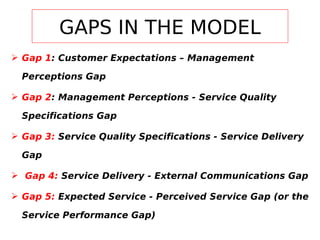 GAPS IN THE MODEL
 Gap 1: Customer Expectations – Management
Perceptions Gap
 Gap 2: Management Perceptions - Service Quality
Specifications Gap
 Gap 3: Service Quality Specifications - Service Delivery
Gap
 Gap 4: Service Delivery - External Communications Gap
 Gap 5: Expected Service - Perceived Service Gap (or the
Service Performance Gap)

 