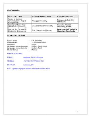 5
EDUCATIONAL:
QUALIFICATION NAME OF INSTITUTION BOARD/UNIVERSITY
Master of Business
Administration ( Project
Management)
Alagappa University
Alagappa University,
Tamilnadu.
Bachelor of Technology
( Electrical Engineering)
Vinayaka Mission University
Vinayaka Mission
University, Salem
Diploma in Electrical &
Electronics Engineering
C.N. Polytechnic, Chennai.
Department of Technical
Education, Tamilnadu.
PERSONAL PROFILE
Father Name : S.R. Anandan
Date of birth : 25 November 1967
Nationality : Indian
Languages known to speak : English, Tamil, Hindi
Languages known to write : English, Tamil
Marital Status : Married
CONTACT DETAILS
EMAIL: ramkumar_1967@yahoo.com
MOBILE: +91 99410 36733/9841551519
SKYPE ID ramkumar_1967
ENCL: synopsis of projects handled in Middle East/North Africa
 