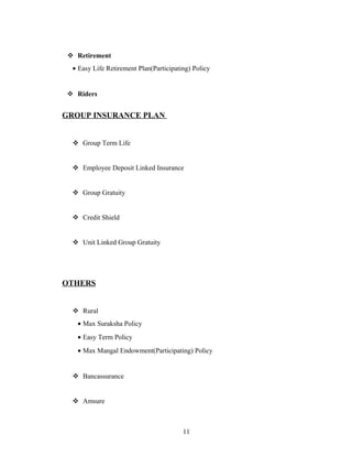  Retirement
  • Easy Life Retirement Plan(Participating) Policy


 Riders


GROUP INSURANCE PLAN


   Group Term Life


   Employee Deposit Linked Insurance


   Group Gratuity


   Credit Shield


   Unit Linked Group Gratuity




OTHERS


   Rural
   • Max Suraksha Policy
   • Easy Term Policy
   • Max Mangal Endowment(Participating) Policy


   Bancassurance


   Amsure



                                         11
 