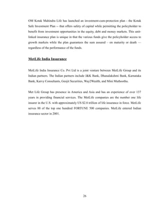OM Kotak Mahindra Life has launched an investment-cum-protection plan - the Kotak
Safe Investment Plan -- that offers safety of capital while permitting the policyholder to
benefit from investment opportunities in the equity, debt and money markets. This unit-
linked insurance plan is unique in that the various funds give the policyholder access to
growth markets while the plan guarantees the sum assured – on maturity or death —
regardless of the performance of the funds.


MetLife India Insurance


MetLife India Insurance Co. Pvt Ltd is a joint venture between MetLife Group and its
Indian partners. The Indian partners include J&K Bank, Dhanalakshmi Bank, Karnataka
Bank, Karvy Consultants, Geojit Securities, Way2Wealth, and Mini Muthoothu.


Met Life Group has presence in America and Asia and has an experience of over 137
years in providing financial services. The MetLife companies are the number one life
insurer in the U.S. with approximately US $2.8 trillion of life insurance in force. MetLife
serves 88 of the top one hundred FORTUNE 500 companies. MetLife entered Indian
insurance sector in 2001.




                                              26
 