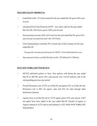 MAX SPECIALITY PRODUCTS

    Cash Profit of Rs. 157 Crores earned for the year ended Dec’05, grows 60% year-
     on-year.

    Annualized First Year Premium (AFYP – new sales) value for the year ended
     Dec’05 is Rs. 428 Crores, grows 100% year-on-year.

    Gross premium income of Rs. 635 Crores for the year ended Dec’05, grows 85%
     year-on-year over previous year’s Rs. 343 Crores.

    Unit Linked products contribute 45% of total sales of the Company for the year
     ended Dec’05.

     – Top quartile investment performance by MNYL’s Unit Linked fund last year.

    Sum assured in force as at Dec’05 end over Rs. 235 billion ($ 5.2 billion).




MAX NEW YORK LIFE INSURANCE

    607,652 individual policies in force. New policies sold during the year ended
     Dec’05 at 360,798, grows 68% year-on-year over 214,347 policies sold in the
     corresponding previous year period.

   Overall Persistency rate of 75% as of Dec’05 end against 83% as of Dec’04 end.
     Persistency rate is 80% for agency sales and 63% for sales through other
     distribution channels.

    Agency force as at Dec’05 end at 12,575 agents grows 82% year-onyear. 5,667
     net agents have been added in the year ended Dec’05. Number of agents in
     Agency channel at 10,753 and in rural channel at 1,822. MAX NEW YORK LIFE
     INSURANCE




                                           63
 