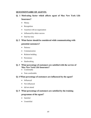 QUESTIONNAIRE OF AGENTS
Q. 1 Motivating factor which affects agent of Max New York Life
     Insurance?
     •   Money
     •   Recognition
     •   Assertion with an organization
     •   Influenced by others success
     •   Had free time

Q. 2 What factor should be considered while communicating with
     potential customers?
     •   Patience
     •   Communication
     •   Relation building
     •   Persistence
     •   Hardworking

Q. 3 What percentage of customers are satisfied with the service of
     Max New York Life Insurance?
     •   Comfortable
     •   Note comfortable

Q. 4 What percentage of customers are influenced by the agent?
     •   Influenced
     •   Not influenced
     •   did not attend

Q. 5 What percentage of customers are satisfied by the training
     programme of the agent?
     •   Satisfied
     •   Unsatisfied




                                          69
 