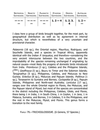 Neotropical
Sub-regions.
Nearctic
Sub-regions.
Palæarctic
Sub-regions.
Ethiopian
Sub-regions.
Oriental
Sub-regions.
Australian
Sub-regions.
— — —
—
— — —
—
— — —
—
1. 2 — 4 1. 2. 3.
4
1. 2 —
—
I class here a group of birds brought together, for the most part, by
geographical distribution as well as by agreement in internal
structure, but which is nevertheless of a very uncertain and
provisional character.
Palæornis (18 sp.), the Oriental region, Mauritius, Rodriguez, and
Seychelle Islands, and a species in Tropical Africa, apparently
identical with the Indian P. torquatus, and therefore—considering the
very ancient intercourse between the two countries, and the
improbability of the species remaining unchanged if originating by
natural causes—most likely the progeny of domestic birds introduced
from India. Prioniturus (3 sp.), Celebes and the Philippine Islands;
(2061) Geoffroyus (5 sp.), Bouru to Timor and the Solomon Islands;
Tanygnathus (5 sp.), Philippines, Celebes, and Moluccas to New
Guinea; Eclectus (8 sp.), Moluccas and Papuan Islands; Psittinus (1
sp.), Tenasserim to Sumatra and Borneo; Cyclopsitta (8 sp.), Papuan
Islands, Philippines and North-east Australia; Loriculus (17 sp.),
ranges over the whole Oriental region to Flores, the Moluccas, and
the Papuan island of Mysol; but most of the species are concentrated
in the district including the Philippines, Celebes, Gilolo, and Flores,
there being 1 in India, 1 in South China, 1 in Ceylon, 1 in Java, 1 in
Malacca, Sumatra, and Borneo, 3 in Celebes, 5 in the Philippines, and
the rest in the Moluccas, Mysol, and Flores. This genus forms a
transition to the next family.
Family 79.—TRICHOGLOSSIDÆ. (6 Genera, 57 Species.)
 