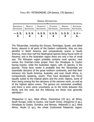 Family 87.—TETRAONIDÆ. (29 Genera, 170 Species.)
General Distribution.
Neotropical
Sub-regions.
Nearctic
Sub-regions.
Palæarctic
Sub-regions.
Ethiopian
Sub-regions.
Oriental
Sub-regions.
Australian
Sub-regions.
— 2. 3.
4
1. 2. 3.
4
1. 2. 3.
4
1. 2. 3.
4
1. 2. 3.
4
1. 2 —
4.
The Tetraonidæ, including the Grouse, Partridges, Quails, and allied
forms, abound in all parts of the Eastern continents; they are less
plentiful in North America and comparatively scarce in South
America, more than half the Neotropical species being found north of
Panama; and in the Australian region there are only a few of small
size. The Ethiopian region probably contains most species; next
comes the Oriental—India proper from the Himalayas to Ceylon
having twenty; while the Australian region, with 15 species, is the
poorest. These facts render it probable that the Tetraonidæ are
essentially denizens of the great northern continents, and that their
entrance into South America, Australia, and even South Africa, is,
comparatively speaking, recent. They have developed into forms
equally suited to the tropical plains and the arctic regions, some of
them being among the few denizens of the extreme north, as well as
of the highest alpine snows. The genera are somewhat unsettled,
and there is even some uncertainty as to the limits between this
family and the next; but the following are those now generally
admitted:—
Ptilopachus (1 sp.), West Africa; Francolinus (34 sp.), all Africa,
South Europe, India to Ceylon, and South China; Ortygornis (3 sp.),
Himalayas to Ceylon, Sumatra, and Borneo; Peliperdix (1 sp.), West
Africa; Perdix (3 sp.), the whole Continental Palæarctic region;
 
