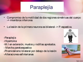 Paraplejía
• Compromiso delamotilidad dedosregionessimétricasdel cuerpo
-> miembrosinferiores
• Lalesión delaprimeraneuronaesbilateral -> P. espastica.
-Paraplejia
-Hipertonia
-M.I en extensión, muslosy rodillasapretados.
- Marchaparetoespastico
-Piramidalismo bilateral por debajo delalesión
-Alteracionesesfinterianas
 