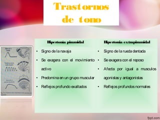 Trastornos
de tono
Hipertonía piramidal Hipertonia extrapiramidal
• Signo delanavaja
• Se exagera con el movimiento
activo
• Predominaen un grupo muscular
• Reflejosprofundo exaltados
• Signo delaruedadentada
• Seexageracon el reposo
• Afecta por igual a musculos
agonistasy antagonistas
• Reflejosprofundosnormales
 