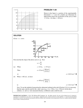 PROPRIETARY MATERIAL. © 2013 The McGraw-Hill Companies, Inc. All rights reserved. No part of this Manual may be displayed,
reproduced or distributed in any form or by any means, without the prior written permission of the publisher, or used beyond the limited
distribution to teachers and educators permitted by McGraw-Hill for their individual course preparation. If you are a student using this Manual,
you are using it without permission.
121
PROBLEM 11.84
Shown in the figure is a portion of the experimentally
determined v x− curve for a shuttle cart. Determine by
approximate means the acceleration of the cart (a) when
10 in.,x = (b) when 80 in./s.v =
SOLUTION
Given: v x− curve
First note that the slope of the above curve is .dv
dx
Now
dv
a v
dx
=
(a) When 10 in., 55 in./sx v= =
Then
40 in./s
55 in./s
13.5 in.
a
 
=  
 
or 2
163.0 in./sa = 
(b) When 80 in./s,v = we have
40 in./s
80 in./s
28 in.
a
 
=  
 
or 2
114.3 in./sa = 
Note: To use the method of measuring the subnormal outlined at the end of Section 11.8, it is necessary
that the same scale be used for the x and v axes (e.g., 1 in. = 50 in., 1 in. = 50 in./s). In the above
solution, vΔ and xΔ were measured directly, so different scales could be used.
 