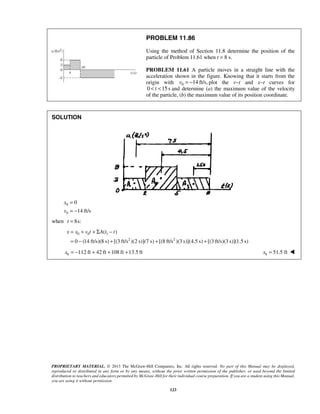 PROPRIETARY MATERIAL. © 2013 The McGraw-Hill Companies, Inc. All rights reserved. No part of this Manual may be displayed,
reproduced or distributed in any form or by any means, without the prior written permission of the publisher, or used beyond the limited
distribution to teachers and educators permitted by McGraw-Hill for their individual course preparation. If you are a student using this Manual,
you are using it without permission.
123
PROBLEM 11.86
Using the method of Section 11.8 determine the position of the
particle of Problem 11.61 when t = 8 s.
PROBLEM 11.61 A particle moves in a straight line with the
acceleration shown in the figure. Knowing that it starts from the
origin with 0 14 ft/s,v = − plot the v−t and x−t curves for
0 15st< < and determine (a) the maximum value of the velocity
of the particle, (b) the maximum value of its position coordinate.
SOLUTION
0
0
0
14 ft/s
x
v
=
= −
when 8s:t =
0 0 1
2 2
( )
0 (14 ft/s)(8 s) [(3 ft/s )(2 s)](7 s) [(8 ft/s )(3 s)](4.5 s) [(3 ft/s)(3 s)](1.5 s)
x x v t A t t= + + Σ −
= − + + +
8 112 ft 42 ft 108 ft 13.5 ftx = − + + + 8 51.5 ftx = 
 