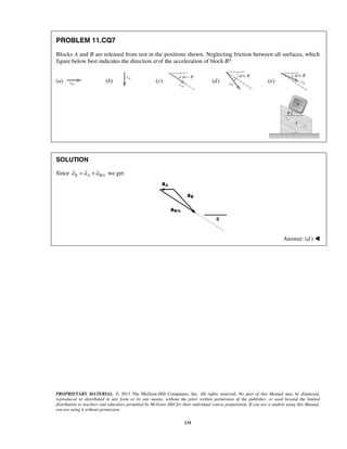 PROPRIETARY MATERIAL. © 2013 The McGraw-Hill Companies, Inc. All rights reserved. No part of this Manual may be displayed,
reproduced or distributed in any form or by any means, without the prior written permission of the publisher, or used beyond the limited
distribution to teachers and educators permitted by McGraw-Hill for their individual course preparation. If you are a student using this Manual,
you are using it without permission.
131
PROBLEM 11.CQ7
Blocks A and B are released from rest in the positions shown. Neglecting friction between all surfaces, which
figure below best indicates the direction α of the acceleration of block B?
(a) (b) (c) (d) (e)
SOLUTION
Since /B A B Aa a a= +
  
we get
Answer: (d ) 
 
