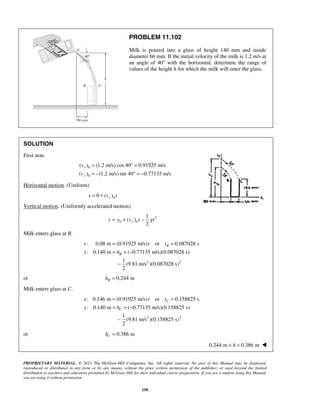 PROPRIETARY MATERIAL. © 2013 The McGraw-Hill Companies, Inc. All rights reserved. No part of this Manual may be displayed,
reproduced or distributed in any form or by any means, without the prior written permission of the publisher, or used beyond the limited
distribution to teachers and educators permitted by McGraw-Hill for their individual course preparation. If you are a student using this Manual,
you are using it without permission.
150
PROBLEM 11.102
Milk is poured into a glass of height 140 mm and inside
diameter 66 mm. If the initial velocity of the milk is 1.2 m/s at
an angle of 40° with the horizontal, determine the range of
values of the height h for which the milk will enter the glass.
SOLUTION
First note
0
0
( ) (1.2 m/s) cos 40 0.91925 m/s
( ) (1.2 m/s) sin 40 0.77135 m/s
x
y
v
v
= ° =
= − ° = −
Horizontal motion. (Uniform)
00 ( )xx v t= +
Vertical motion. (Uniformly accelerated motion)
2
0 0
1
( )
2
yy y v t gt= + −
Milk enters glass at B.
2 2
: 0.08 m (0.91925 m/s) or 0.087028 s
: 0.140 m ( 0.77135 m/s)(0.087028 s)
1
(9.81 m/s )(0.087028 s)
2
B
B
x t t
y h
= =
= + −
−
or 0.244 mBh =
Milk enters glass at C.
2 2
: 0.146 m (0.91925 m/s) or 0.158825 s
: 0.140 m ( 0.77135 m/s)(0.158825 s)
1
(9.81 m/s )(0.158825 s)
2
C
C
x t t
y h
= =
= + −
−
or 0.386 mCh =
 0.244 m 0.386 mh< < 
 