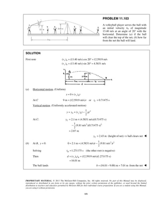 PROPRIETARY MATERIAL. © 2013 The McGraw-Hill Companies, Inc. All rights reserved. No part of this Manual may be displayed,
reproduced or distributed in any form or by any means, without the prior written permission of the publisher, or used beyond the limited
distribution to teachers and educators permitted by McGraw-Hill for their individual course preparation. If you are a student using this Manual,
you are using it without permission.
151
PROBLEM 11.103
A volleyball player serves the ball with
an initial velocity v0 of magnitude
13.40 m/s at an angle of 20° with the
horizontal. Determine (a) if the ball
will clear the top of the net, (b) how far
from the net the ball will land.
SOLUTION
First note 0
0
( ) (13.40 m/s) cos 20 12.5919 m/s
( ) (13.40 m/s) sin 20 4.5831 m/s
x
y
v
v
= ° =
= ° =
(a) Horizontal motion. (Uniform)
00 ( )xx v t= +
At C 9 m (12.5919 m/s) or 0.71475 sCt t= =
Vertical motion. (Uniformly accelerated motion)
2
0 0
1
( )
2
yy y v t gt= + −
At C:
2 2
2.1 m (4.5831 m/s)(0.71475 s)
1
(9.81 m/s )(0.71475 s)
2
2.87 m
Cy = +
−
=
2.43 mCy > (height of net)  ball clears net 
(b) At B, 0:y = 2 21
0 2.1 m (4.5831 m/s) (9.81 m/s )
2
t t= + −
Solving 1.271175 s (the other root is negative)Bt =
Then 0( ) (12.5919 m/s)(1.271175 s)
16.01 m
x Bd v t= =
=
The ball lands (16.01 9.00) m 7.01 mb = − = from the net 
 