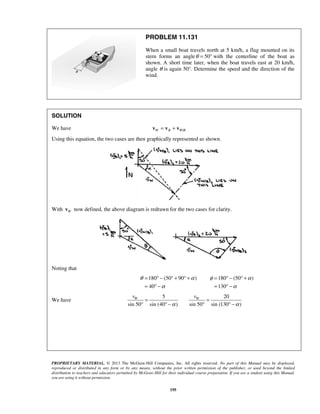 PROPRIETARY MATERIAL. © 2013 The McGraw-Hill Companies, Inc. All rights reserved. No part of this Manual may be displayed,
reproduced or distributed in any form or by any means, without the prior written permission of the publisher, or used beyond the limited
distribution to teachers and educators permitted by McGraw-Hill for their individual course preparation. If you are a student using this Manual,
you are using it without permission.
195
PROBLEM 11.131
When a small boat travels north at 5 km/h, a flag mounted on its
stern forms an angle 50θ = ° with the centerline of the boat as
shown. A short time later, when the boat travels east at 20 km/h,
angle θ is again 50°. Determine the speed and the direction of the
wind.
SOLUTION
We have /W B W B= +v v v
Using this equation, the two cases are then graphically represented as shown.
With Wv now defined, the above diagram is redrawn for the two cases for clarity.
Noting that
180 (50 90 )
40
θ α
α
= ° − ° + ° +
= ° −
180 (50 )
130
φ α
α
= ° − ° +
= ° −
We have
5 20
sin 50 sin (40 ) sin 50 sin (130 )
W Wv v
α α
= =
° ° − ° ° −
 