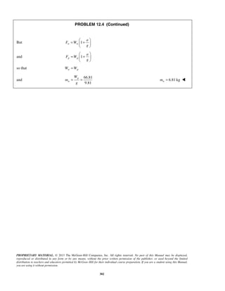 PROPRIETARY MATERIAL. © 2013 The McGraw-Hill Companies, Inc. All rights reserved. No part of this Manual may be displayed,
reproduced or distributed in any form or by any means, without the prior written permission of the publisher, or used beyond the limited
distribution to teachers and educators permitted by McGraw-Hill for their individual course preparation. If you are a student using this Manual,
you are using it without permission.
302
PROBLEM 12.4 (Continued)
But 1w w
a
F W
g
 
= + 
 
and 1p p
a
F W
g
 
= + 
 
so that w pW W=
and
66.81
9.81
p
w
W
m
g
= = 6.81 kgwm = 
 