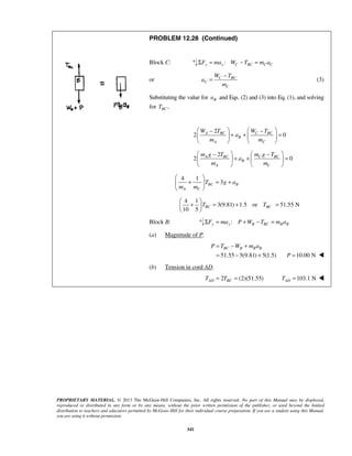 PROPRIETARY MATERIAL. © 2013 The McGraw-Hill Companies, Inc. All rights reserved. No part of this Manual may be displayed,
reproduced or distributed in any form or by any means, without the prior written permission of the publisher, or used beyond the limited
distribution to teachers and educators permitted by McGraw-Hill for their individual course preparation. If you are a student using this Manual,
you are using it without permission.
341
PROBLEM 12.28 (Continued)
Block C: :y y C BC C CF ma W T m aΣ = − =
or C BC
C
C
W T
a
m
−
= (3)
Substituting the value for Ba and Eqs. (2) and (3) into Eq. (1), and solving
for ,BCT
2
2 0A BC C BC
B
A C
W T W T
a
m m
  − −
+ + =  
   
2
2 0A BC C BC
B
A C
m g T m g T
a
m m
  − −
+ + =  
   
4 1
3BC B
A C
T g a
m m
 
+ = + 
 
4 1
3(9.81) 1.5 or 51.55 N
10 5
BC BCT T
 
+ = + = 
 
Block B: :y y B BC B BF ma P W T m aΣ = + − =
(a) Magnitude of P.
51.55 5(9.81) 5(1.5)
BC B B BP T W m a= − +
= − + 10.00 NP = 
(b) Tension in cord AD.
2 (2)(51.55)AD BCT T= = 103.1 NADT = 
 