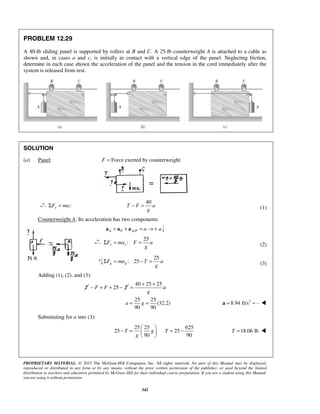 PROPRIETARY MATERIAL. © 2013 The McGraw-Hill Companies, Inc. All rights reserved. No part of this Manual may be displayed,
reproduced or distributed in any form or by any means, without the prior written permission of the publisher, or used beyond the limited
distribution to teachers and educators permitted by McGraw-Hill for their individual course preparation. If you are a student using this Manual,
you are using it without permission.
342
PROBLEM 12.29
A 40-lb sliding panel is supported by rollers at B and C. A 25-lb counterweight A is attached to a cable as
shown and, in cases a and c, is initially in contact with a vertical edge of the panel. Neglecting friction,
determine in each case shown the acceleration of the panel and the tension in the cord immediately after the
system is released from rest.
SOLUTION
(a) Panel: Force exerted by counterweightF =
:xF maΣ =
40
T F a
g
− = (1)
Counterweight A: Its acceleration has two components
/A P A P a a= + = → +a a a
25
:x xF ma F a
g
Σ = = (2)
25
: 25g gF ma T a
g
Σ = − = (3)
Adding (1), (2), and (3):
T 25F F T− + + −
40 25 25
a
g
+ +
=
25 25
(32.2)
90 90
a g= = 2
8.94 ft/s=a 
Substituting for a into (3):
25 25 625
25 25
90 90
T g T
g
 
− = = − 
 
18.06 lbT = 
 