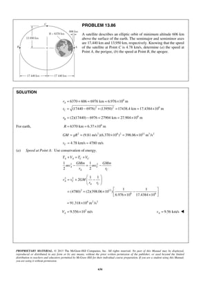 PROPRIETARY MATERIAL. © 2013 The McGraw-Hill Companies, Inc. All rights reserved. No part of this Manual may be displayed,
reproduced or distributed in any form or by any means, without the prior written permission of the publisher, or used beyond the limited
distribution to teachers and educators permitted by McGraw-Hill for their individual course preparation. If you are a student using this Manual,
you are using it without permission.
634
PROBLEM 13.86
A satellite describes an elliptic orbit of minimum altitude 606 km
above the surface of the earth. The semimajor and semiminor axes
are 17,440 km and 13,950 km, respectively. Knowing that the speed
of the satellite at Point C is 4.78 km/s, determine (a) the speed at
Point A, the perigee, (b) the speed at Point B, the apogee.
SOLUTION
6
2 2 6
6370 606 6976 km 6.976 10 m
(17440 6976) (13950) 17438.4 km 17.4384 10 m
A
C
r
r
= + = = ×
= − + = = ×
6
(2)(17440) 6976 27904 km 27.904 10 mBr = − = = ×
For earth, 6
6370 km 6.37 10 mR = = ×
2 2 6 2 12 3 2
(9.81 m/s )(6.370 10 ) 398.06 10 m /sGM gR= = × = ×
4.78 km/s 4780 m/sCv = =
(a) Speed at Point A: Use conservation of energy.
2 21 1
2 2
A A C C
A C
A C
T V T V
GMm GMm
mv mv
r r
+ = +
− = −
2 2
2 12
6 6
1 1
2
1 1
(4780) (2)(398.06 10 )
6.976 10 17.4384 10
A C
A C
v v GM
r r
 
= + − 
 
 
= + × − × × 
6 2 2
91.318 10 m /s= ×
3
9.556 10 m/sAV = × 9.56 km/sAv = 
 