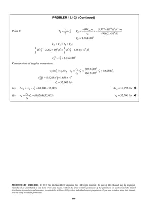 PROPRIETARY MATERIAL. © 2013 The McGraw-Hill Companies, Inc. All rights reserved. No part of this Manual may be displayed,
reproduced or distributed in any form or by any means, without the prior written permission of the publisher, or used beyond the limited
distribution to teachers and educators permitted by McGraw-Hill for their individual course preparation. If you are a student using this Manual,
you are using it without permission.
660
PROBLEM 13.102 (Continued)
Point B:
18 3 2
2 sat
6
9
1 (1.337 10 ft /s )
2 (966.2 10 ft)
1.384 10
B B B
B
B
GM m m
T mv V
r
V
− ×
= = = −
×
= ×
;
1
2
A A B BT V T V
m
+ = +
2 9
2.202 10Av m′ − ×
1
2
m= 2 9
1.384 10Bv m− ×
2 2 9
1.636 10A Bv v′ − = ×
Conservation of angular momentum:
6
6
2 2 9
607.2 10
0.6284
966.2 10
[1 (0.6284) ] 1.636 10
52,005 ft/s
A
A A B B B A A A
B
A
A
r
r mv r mv v v v v
r
v
v
×
′ ′ ′ ′= = = =
×
′ − = ×
′ =
(a) 68,800 52,005A A Av v v′Δ = − = − 16,795 ft/sAvΔ = 
(b) (0.6284)(52,005)A
B A
B
r
v v
r
′= = 32,700 ft/sBv = 
 
