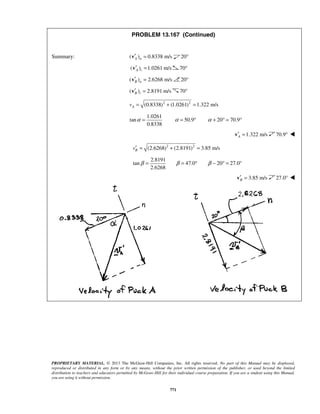 PROPRIETARY MATERIAL. © 2013 The McGraw-Hill Companies, Inc. All rights reserved. No part of this Manual may be displayed,
reproduced or distributed in any form or by any means, without the prior written permission of the publisher, or used beyond the limited
distribution to teachers and educators permitted by McGraw-Hill for their individual course preparation. If you are a student using this Manual,
you are using it without permission.
771
PROBLEM 13.167 (Continued)
Summary: ( ) 0.8338 m/sA n′ =v 20°
( ) 1.0261 m/sA t′ =v 70°
( ) 2.6268 m/sB n′ =v 20°
( ) 2.8191 m/sB t′ =v 70°
2 2
(0.8338) (1.0261) 1.322 m/sAv = + =
1.0261
tan
0.8338
α = 50.9α = ° 20 70.9α + ° = °
1.322 m/sA′ =v 70.9° 
2 2
(2.6268) (2.8191) 3.85 m/sBv′ = + =
2.8191
tan
2.6268
β = 47.0 20 27.0β β= ° − ° = °
3.85 m/sB′ =v 27.0° 
 