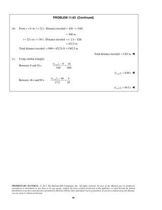 PROPRIETARY MATERIAL. © 2013 The McGraw-Hill Companies, Inc. All rights reserved. No part of this Manual may be displayed,
reproduced or distributed in any form or by any means, without the prior written permission of the publisher, or used beyond the limited
distribution to teachers and educators permitted by McGraw-Hill for their individual course preparation. If you are a student using this Manual,
you are using it without permission.
88
PROBLEM 11.63 (Continued)
(b) From 0t = to 22 s:t = Distance traveled = 420 ( 540)− −
= 960 m
t = 22 s to 50 s:t = Distance traveled | 2.5 420|
422.5 m
= − −
=
Total distance traveled (960 422.5) ft 1382.5 m= + =
Total distance traveled 1383 m= 
(c) Using similar triangles
Between 0 and 10 s: 0 1( ) 0 10
540 600
xt = −
=
0 1( ) 9.00 sxt = = 
Between 46 s and50 s: 0 2( ) 46 4
17.5 20
xt = −
=
0 2( ) 49.5 sxt = = 
 