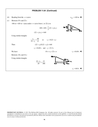 PROPRIETARY MATERIAL. © 2013 The McGraw-Hill Companies, Inc. All rights reserved. No part of this Manual may be displayed,
reproduced or distributed in any form or by any means, without the prior written permission of the publisher, or used beyond the limited
distribution to teachers and educators permitted by McGraw-Hill for their individual course preparation. If you are a student using this Manual,
you are using it without permission.
90
PROBLEM 11.64 (Continued)
(b) Reading from the x t− curve max 420 mx = 
(c) Between 10 s and 22 s
100 m 420 m (area under curve from , to 22 s) mv t t= − −
1 1
1
100 420 (22 )( )
2
t v= − −
1 1(22 )( ) 640t v− =
Using similar triangles
1
1 1
1
60
or 5(22 )
22 12
v
v t
t
= = −
−
Then 1 1(22 )[5(22 )] 640t t− − =
1 110.69 s and 33.3 st t= =
We have 110 s 22 st< <  1 10.69 st = 
Between 26 s and 41s:
Using similar triangles
241 15
20 300
t−
=
2 40.0 st = 
 