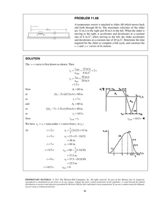 PROPRIETARY MATERIAL. © 2013 The McGraw-Hill Companies, Inc. All rights reserved. No part of this Manual may be displayed,
reproduced or distributed in any form or by any means, without the prior written permission of the publisher, or used beyond the limited
distribution to teachers and educators permitted by McGraw-Hill for their individual course preparation. If you are a student using this Manual,
you are using it without permission.
95
PROBLEM 11.68
A temperature sensor is attached to slider AB which moves back
and forth through 60 in. The maximum velocities of the slider
are 12 in./s to the right and 30 in./s to the left. When the slider is
moving to the right, it accelerates and decelerates at a constant
rate of 6 in./s2
; when moving to the left, the slider accelerates
and decelerates at a constant rate of 20 in./s2
. Determine the time
required for the slider to complete a full cycle, and construct the
v – t and x t− curves of its motion.
SOLUTION
The v t− curve is first drawn as shown. Then
right
2
right
left
left
12 in./s
2 s
6 in./s
30 in./s
20 in./s
1.5 s
a
d
v
t
a
v
t
a
= = =
= =
=
Now 1 60 in.A =
or 1[( 2) s](12 in./s) 60 in.t − =
or 1 7 st =
and 2 60 in.A =
or 2{[( 7) 1.5]s}(30 in./s) 60 in.t − − =
or 2 10.5 st =
Now cycle 2t t= cycle 10.5 st = 
We have (area under curve from to )ii i i iix x v t t t= + −
At 2 s:t = 2
1
(2)(12) 12 in.
2
x = =
5 s:t = 5 12 (5 2)(12)
48 in.
x = + −
=
7 s:t = 7 60 in.x =
8.5 s:t = 8.5
1
60 (1.5)(30)
2
37.5 in.
x = −
=
9 s:t = 9 37.5 (0.5)(30)
22.5 in.
x = −
=
10.5 s:t = 10.5 0x =
 