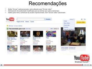 Botão "Enviar" redimensionado, texto alterado para "Enviar vídeo" Alinhamento de publicidade modificado para se alinhar aos outros elementos Atalho para menu contextual do usuário reposicionado, item "Enviar vídeo" adicionado Recomendações –  depois. 