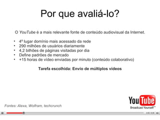 Por que avaliá-lo? O  YouTube  é a mais relevante fonte de conteúdo audiovisual da Internet. 4º lugar domínio mais acessado da rede 290 milhões de usuários diariamente 4,2 bilhões de páginas visitadas por dia Define padrões de mercado +15 horas de vídeo enviadas por minuto (conteúdo colaborativo) Tarefa escolhida: Envio de múltiplos vídeos Fontes: Alexa, Wolfram, techcrunch 