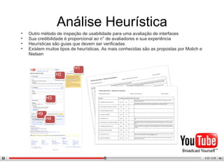 Análise Heurística Outro método de inspeção de usabilidade para uma avaliação de interfaces Sua credibilidade é proporcional ao n° de avaliadores e sua experiência Heurísticas são guias que devem ser verificadas Existem muitos tipos de heurísticas. As mais conhecidas são as propostas por Molich e Nielsen H9 H5 H7 H1 H2 