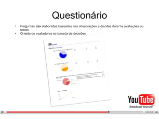 Questionário Perguntas são elaboradas baseadas nas observações e dúvidas durante avaliações ou testes Orienta os avaliadores na tomada de decisões 