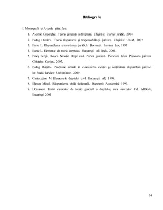 14
Bibliografie
I. Monografii şi Articole ştiinţifice:
1. Avornic Gheorghe. Teoria generală a dreptului. Chişinău: Cartier juridic, 2004
2. Baltag Dumitru. Teoria răspunderii şi responsabilităţii juridice. Chişinău: ULIM, 2007
3. Barac L. Răspunderea şi sancţiunea juridică. Bucureşti: Lumina Lex, 1997
4. Barac L. Elemente de teoria dreptului. Bucureşti: All Beck, 2001.
5. Băieş Sergiu, Roşca Nicolae Drept civil. Partea generală. Persoana fizică. Persoana juridică.
Chişinău: Cartier, 2007,
6. Baltag Dumitru. Probleme actuale in cunoaşterea esenţei şi conţinutului răspunderii juridice.
In: Studii Juridice Universitare, 2009
7. Cantacuzino M. Elementele dreptului civil. Bucureşti: All, 1998.
8. Eliescu Mihail. Răspunderea civilă delictuală. Bucureşti: Academiei, 1999.
9. I.Craiovan. Tratat elementar de teorie generală a dreptului, curs universitar. Ed. AlllBeck,
Bucureşti 2001
 