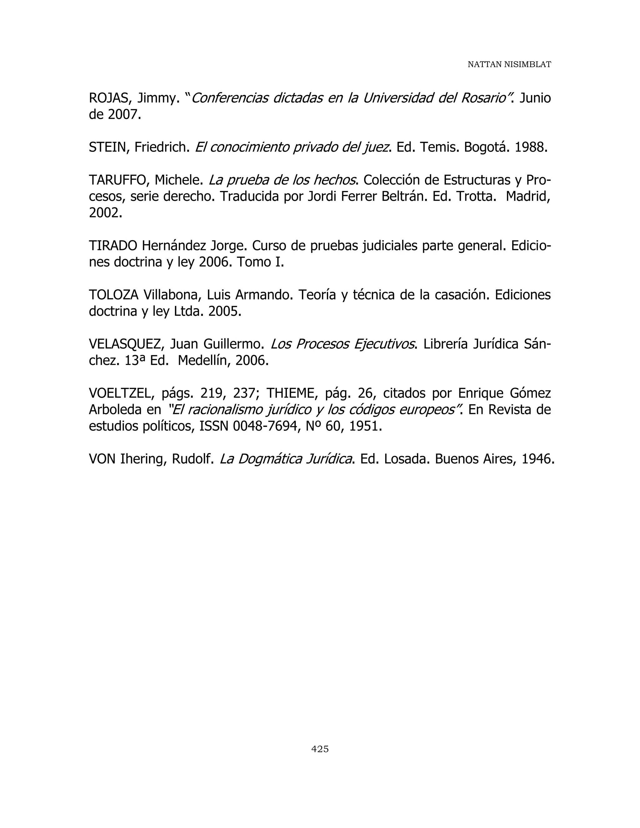 NATTAN NISIMBLAT
425
ROJAS, Jimmy. “Conferencias dictadas en la Universidad del Rosario”. Junio
de 2007.
STEIN, Friedrich. El conocimiento privado del juez. Ed. Temis. Bogotá. 1988.
TARUFFO, Michele. La prueba de los hechos. Colección de Estructuras y Pro-
cesos, serie derecho. Traducida por Jordi Ferrer Beltrán. Ed. Trotta. Madrid,
2002.
TIRADO Hernández Jorge. Curso de pruebas judiciales parte general. Edicio-
nes doctrina y ley 2006. Tomo I.
TOLOZA Villabona, Luis Armando. Teoría y técnica de la casación. Ediciones
doctrina y ley Ltda. 2005.
VELASQUEZ, Juan Guillermo. Los Procesos Ejecutivos. Librería Jurídica Sán-
chez. 13ª Ed. Medellín, 2006.
VOELTZEL, págs. 219, 237; THIEME, pág. 26, citados por Enrique Gómez
Arboleda en “El racionalismo jurídico y los códigos europeos”. En Revista de
estudios políticos, ISSN 0048-7694, Nº 60, 1951.
VON Ihering, Rudolf. La Dogmática Jurídica. Ed. Losada. Buenos Aires, 1946.
 