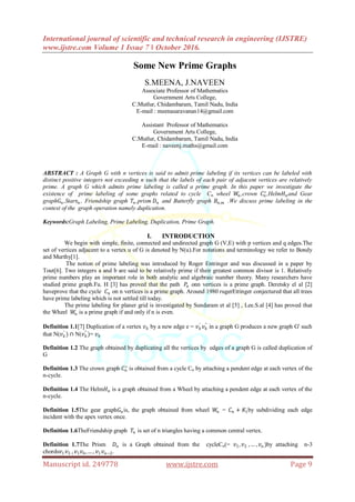 International journal of scientific and technical research in engineering (IJSTRE)
www.ijstre.com Volume 1 Issue 7 ǁ October 2016.
Manuscript id. 249778 www.ijstre.com Page 9
Some New Prime Graphs
S.MEENA, J.NAVEEN
Associate Professor of Mathematics
Government Arts College,
C.Mutlur, Chidambaram, Tamil Nadu, India
E-mail : meenasaravanan14@gmail.com
Assistant Professor of Mathematics
Government Arts College,
C.Mutlur, Chidambaram, Tamil Nadu, India
E-mail : naveenj.maths@gmail.com
ABSTRACT : A Graph G with n vertices is said to admit prime labeling if its vertices can be labeled with
distinct positive integers not exceeding n such that the labels of each pair of adjacent vertices are relatively
prime. A graph G which admits prime labeling is called a prime graph. In this paper we investigate the
existence of prime labeling of some graphs related to cycle Cn, wheel 𝑊𝑛 ,crown 𝐶𝑛
∗
,Helm𝐻 𝑛and Gear
graph𝐺𝑛 ,Star𝑠𝑛 , Friendship graph 𝑇𝑛 ,prism 𝐷𝑛 and Butterfly graph 𝐵𝑛,𝑚 .We discuss prime labeling in the
context of the graph operation namely duplication.
Keywords:Graph Labeling, Prime Labeling, Duplication, Prime Graph.
I. INTRODUCTION
We begin with simple, finite, connected and undirected graph G (V,E) with p vertices and q edges.The
set of vertices adjacent to a vertex u of G is denoted by N(u).For notations and terminology we refer to Bondy
and Murthy[1].
The notion of prime labeling was introduced by Roger Entringer and was discussed in a paper by
Tout[6]. Two integers a and b are said to be relatively prime if their greatest common divisor is 1. Relatively
prime numbers play an important role in both analytic and algebraic number theory. Many researchers have
studied prime graph.Fu. H [3] has proved that the path 𝑃𝑛 onn vertices is a prime graph. Deretsky el al [2]
haveprove that the cycle 𝐶𝑛 on n vertices is a prime graph. Around 1980 rugerEtringer conjectured that all trees
have prime labeling which is not settled till today.
The prime labeling for planer grid is investigated by Sundaram et al [5] , Lee.S.al [4] has proved that
the Wheel 𝑊𝑛 is a prime graph if and only if n is even.
Definition 1.1[7] Duplication of a vertex 𝑣 𝑘 by a new edge e = 𝑣 𝑘
′
𝑣 𝑘
"
in a graph G produces a new graph G' such
that N(𝑣 𝑘
′
) ∩ N(𝑣 𝑘
"
)= 𝑣 𝑘
Definition 1.2 The graph obtained by duplicating all the vertices by edges of a graph G is called duplication of
G
Definition 1.3 The crown graph 𝐶 𝑛
∗
is obtained from a cycle Cn by attaching a pendent edge at each vertex of the
n-cycle.
Definition 1.4 The Helm𝐻 𝑛 is a graph obtained from a Wheel by attaching a pendent edge at each vertex of the
n-cycle.
Definition 1.5The gear graph𝐺𝑛 is, the graph obtained from wheel 𝑊𝑛 = 𝐶 𝑛 + 𝐾1by subdividing each edge
incident with the apex vertex once.
Definition 1.6TheFriendship graph 𝑇𝑛 is set of n triangles having a common central vertex.
Definition 1.7The Prism 𝐷𝑛 is a Graph obtained from the cycleCn(= 𝑣1, 𝑣2 , … , 𝑣 𝑛 )by attaching n-3
chords𝑣1 𝑣3 , 𝑣1 𝑣4,… , 𝑣1 𝑣 𝑛−2.
 