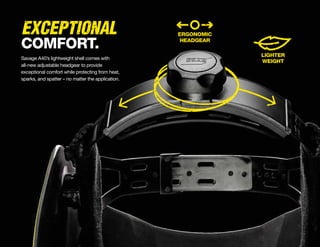 Savage A40’s lightweight shell comes with
all-new adjustable headgear to provide
exceptional comfort while protecting from heat,
sparks, and spatter – no matter the application.
ERGONOMIC
HEADGEAR
LIGHTER
WEIGHT
COMFORT.
EXCEPTIONAL
 