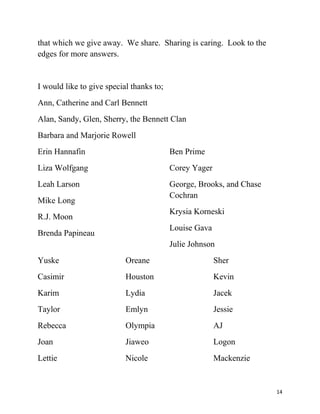 that which we give away. We share. Sharing is caring. Look to the 
edges for more answers. 
I would like to give special thanks to; 
Ann, Catherine and Carl Bennett 
Alan, Sandy, Glen, Sherry, the Bennett Clan 
Barbara and Marjorie Rowell 
Erin Hannafin 
Liza Wolfgang 
Leah Larson 
Mike Long 
R.J. Moon 
Brenda Papineau 
Ben Prime 
Corey Yager 
George, Brooks, and Chase 
Cochran 
Krysia Korneski 
Louise Gava 
Julie Johnson 
Yuske 
Casimir 
Karim 
Taylor 
Rebecca 
Joan 
Lettie 
Oreane 
Houston 
Lydia 
Emlyn 
Olympia 
Jiaweo 
Nicole 
Sher 
Kevin 
Jacek 
Jessie 
AJ 
Logon 
Mackenzie 
14 
 
