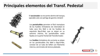 Principales elementos del Transf. Pedestal
El seccionador se encuentra dentro del tanque,
operable solo con pértiga de gancho retráctil
Los portafusibles permiten el fácil reemplazo
de los fusibles limitadores de intensidad en
tubo seco Dry Well o de los fusibles de
expulsión Bay-O-Net, que se alojan en su
extremo interior, los portafusibles están
fijados en la parte frontal del Transformador.
Los fusibles limitadores de corriente se alojan
en los portafusibles Dry Well o Bay-O-Net,
constan de un tubo de teflón con filamento
interno y terminales de bronce plateado.
 
