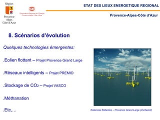 ETAT DES LIEUX ENERGETIQUE REGIONAL
Provence-Alpes-Côte d’Azur
8. Scénarios d’évolution
Quelques technologies émergentes:
.Eolien flottant – Projet Provence Grand Large
.Réseaux intelligents – Projet PREMIO
.Stockage de CO2 – Projet VASCO
.Méthanation
.Etc,… Eoliennes flottantes – Provence Grand Large (Vertiwind)
 