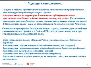 Подходы к выполнению…
15
По сути в задании проверяется понимание закономерности распределения
температур января по территории страны.
Изотермы января на территории России имеют субмеридиональное
простирание: чем ближе к Атлантическому океану, тем теплее. (Петрозаводск
расположен севернее Тюмени, однако средние температуры января там выше).
В Калининграде зимы – одни из самых тёплых в России. Его «греет» Атлантика.
Сюжет также раскручен. Спрашивается про города, регионы, или случайные
участки на картах, причём и в ГИА и в ЕГЭ…(почти также часто, как и про
«продолжительность светового дня».
Иное содержание в смысле «Природа России» проверялось реже. Возможные
варианты:
Распределение средних температур июля (чем севернее, тем холоднее);
Распределение годового количества осадков (чем ближе к Атлантике, тем больше);
Распределение высот снежного покрова (сложно);
Распределение зональных типов почв по их плодородию;
Продолжительность периода навигации на различных реках, или участках течения
крупных рек…
 