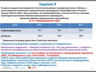 Задание 9
21
На уроке учащиеся анализировали статистические данные, приведённые ниже в таблице, в
целях сравнения темпов роста промышленного производства в Великобритании и России в
период с 2012 по 2014 г. Илья настаивал, что в Великобритании, в отличие от России, ежегодно
происходило увеличение объёмов промышленного производства.
Правильный ли вывод сделал Илья? Свой ответ обоснуйте.
Динамика объёмов промышленного производства
(в % к предыдущему году)
Страна 2012 г. 2013 г. 2014 г.
1) Великобритания 97,3 99,3 101,5
2) Россия 103,4 101,7 100,4
Разумеется вывод Ильи неверен, поскольку не патриотичен…
Необходимо понимать, что если цифры по отношению к предыдущему году более
100%, то наблюдается рост; если менее, то падение.
В 2013 году в Великобритании произошло падение объёмов промышленного
производства, поскольку объём составил 99,3% по отношению к предыдущему
году. Подъём начался в 2014 году и составил 1,5%.
В России, напротив, во все годы наблюдался рост…
Проверяемое содержание – «Мировое хозяйство» (3.1-3.4); вид деятельности – находить и
применять геоинформацию для объяснений важнейших событий современной жизни
 