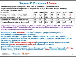 Задание 13 (П-уровень, 2 балла)
27
Показатель 2005 г. 2010 г. 2011 г. 2012 г. 2013 г. 2014 г. 2015 г.
Разведанные запасы нефти, млрд т 3,6 3,7 3,7 4,2 5,4 5,9 6,6
Добыча нефти, млн т в год 377 412 445 493 498 522 566
Численность населения, млн человек 299 309 311 313 316 317 322
Ресурсообеспеченность (Лет, на…) 9,5 8,9 8,3 8,5 10,8 11,3 11,7
По радио прозвучало сообщение о том, что за последние 10 лет показатель
ресурсообеспеченности нефтью США возрос с 11,0 до 11,9. Используя данные таблицы,
объясните, с чем это связано.
Содержание: «Природные ресурсы», Геоэкология 4.1; Вид деятельности 2.6 – устанавливать
взаимосвязи между…. (Использование понятия («ресурсообеспеченность») для решения
задачи, понимание основных категорий.
На первый взгляд проблема: как так? : Ресурсы (нефть) расходуется, а
обеспеченность ими увеличивается????
Ресурсообеспеченность синтетический показатель: он зависит и от объёма
запасов, и от объёмов добычи. Отношение одного к другому – количество лет, на
которое этого ресурса хватит.
В случае с США темпы прироста запасов (открывались новые месторождения),
оказались выше темпов роста добычи. В обратной ситуации
ресурсообеспеченность падает.
Для сравнения: Саудовская Аравия – запасы 36 млрд т; добыча – 440 млн.т ; Ресурсооб-ть 81 год;
Россия – 20 млрд т; 350 млн тонн; Ресурсообеспеченность – 57 лет (Пустячок, а приятно)
 
