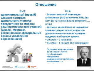 Отношение
4
«-»
дополнительный (новый)
элемент контроля
деятельности учителя-
предметника со стороны
администрации всех уровней
(школа, местные,
региональные, федеральные
органы управления
образованием)
- Элемент внешней мотивации
школьников (Вам выполнять ВПР; без
хотя бы «3» за них Вас не допустят к ….
и т.д.)
- аргумент воздействия на школьную
администрацию (повод испросить
дополнительные часы на изучение
предмета на базовом уровне.
 10 класс – 2 часа; все;
 11 класс – 1 час для ЕГЭ; желающие)
По одному часу в неделю в
10-11 классе – плохо.
Н.Н. Баранский:
«Выражаясь
медицинскими терминами,
в отношении …»
«+»
 