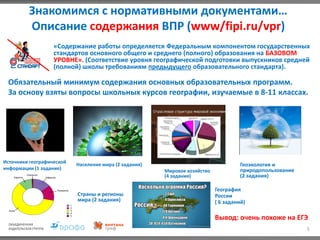 Знакомимся с нормативными документами…
Описание содержания ВПР (www/fipi.ru/vpr)
5
«Содержание работы определяется Федеральным компонентом государственных
стандартов основного общего и среднего (полного) образования на БАЗОВОМ
УРОВНЕ». (Соответствие уровня географической подготовки выпускников средней
(полной) школы требованиям предыдущего образовательного стандарта).
Обязательный минимум содержания основных образовательных программ.
За основу взяты вопросы школьных курсов географии, изучаемые в 8-11 классах.
Источники географической
информации (1 задание) Мировое хозяйство
(4 задания)
Население мира (2 задания) Геоэкология и
природопользование
(2 задания)
Страны и регионы
мира (2 задания)
География
России
( 6 заданий)
Вывод: очень похоже на ЕГЭ
 