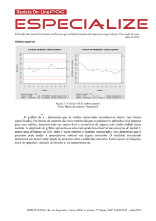 Utilização do Controle Estatístico do Processo para o Monitoramento de Espessura em garrafa pet: Um estudo de caso.
julho de 2013
ISSN 2179-5568 – Revista Especialize On-line IPOG - Goiânia - 5ª Edição nº 005 Vol.01/2013 – julho/2013
Ombro superior
Figura 2 – Gráfico x-R do ombro superior
Fonte: Dados da empresa/ Programa R
O gráfico de x , demonstra que as médias amostradas encontram-se dentro dos limites
especificados. Os limites de controle são mais restritos do que os parâmetros definidos pela empresa
para essa análise, demonstrando ser improvável a ocorrência de alguma não conformidade nessa
medida. A amplitude do gráfico apresenta-se alta como podemos observar nas amostras do molde 1,
temos uma diferença de 0,21 entre o valor mínimo e máximo encontrados. Isso demonstra que o
processo pode tender a apresentar-se instável em algum momento. O resultado encontrado
demonstra que houve intervenção no processo entre a coleta das amostras. Como ajuste de máquina,
troca de operador, variação de pressão e/ ou temperatura etc.
 