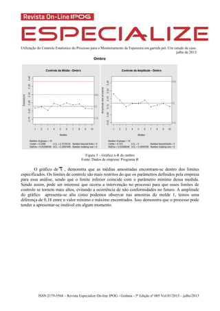Utilização do Controle Estatístico do Processo para o Monitoramento de Espessura em garrafa pet: Um estudo de caso.
julho de 2013
ISSN 2179-5568 – Revista Especialize On-line IPOG - Goiânia - 5ª Edição nº 005 Vol.01/2013 – julho/2013
Ombro
Figura 3 – Gráfico x-R do ombro
Fonte: Dados da empresa/ Programa R
O gráfico de x , demonstra que as médias amostradas encontram-se dentro dos limites
especificados. Os limites de controle são mais restritos do que os parâmetros definidos pela empresa
para essa análise, sendo que o limite inferior coincide com o parâmetro mínimo dessa medida.
Sendo assim, pode ser interesse que ocorra a intervenção no processo para que esses limites de
controle se tornem mais altos, evitando a ocorrência de não conformidades no futuro. A amplitude
do gráfico apresenta-se alta como podemos observar nas amostras do molde 1, temos uma
diferença de 0,18 entre o valor mínimo e máximo encontrados. Isso demonstra que o processo pode
tender a apresentar-se instável em algum momento.
 