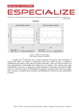Utilização do Controle Estatístico do Processo para o Monitoramento de Espessura em garrafa pet: Um estudo de caso.
julho de 2013
ISSN 2179-5568 – Revista Especialize On-line IPOG - Goiânia - 5ª Edição nº 005 Vol.01/2013 – julho/2013
Calcanhar
Figura 5 – Gráfico x-R do calcanhar
Fonte: Dados da empresa/ Programa R
O gráfico de x , demonstra que as médias amostrais do processo estão controladas. O
intervalo dos limites de controle se apresentam muito mais restritos do que os parâmetros
estabelecidos pela empresa. Pela análise dos pontos amostrados, vemos que não há ocorrência de
picos demonstrando a uniformidade dos moldes para essa medida, o que significa uma maior
confiabilidade no processo. A amplitude do gráfico apresenta-se controlada, com média de 0,088,
sendo esse valor muito abaixo da flexibilidade do parâmetro estipulado (0,24). Para essa medida,
caso o processo se mantenha nessa condições, a probabilidade de ocorrência de não conformidades
é mínima.
 