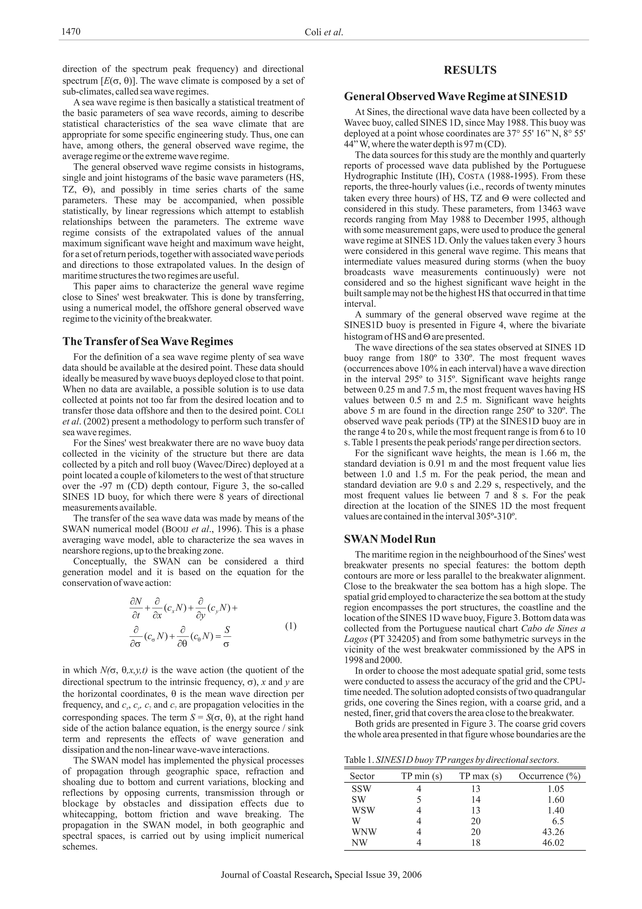 direction of the spectrum peak frequency) and directional
spectrum [ ( , )]. The wave climate is composed by a set of
sub-climates,calledseawaveregimes.
A sea wave regime is then basically a statistical treatment of
the basic parameters of sea wave records, aiming to describe
statistical characteristics of the sea wave climate that are
appropriate for some specific engineering study. Thus, one can
have, among others, the general observed wave regime, the
averageregimeortheextremewaveregime.
The general observed wave regime consists in histograms,
single and joint histograms of the basic wave parameters (HS,
TZ, ), and possibly in time series charts of the same
parameters. These may be accompanied, when possible
statistically, by linear regressions which attempt to establish
relationships between the parameters. The extreme wave
regime consists of the extrapolated values of the annual
maximum significant wave height and maximum wave height,
for a set of return periods, together with associated wave periods
and directions to those extrapolated values. In the design of
maritimestructuresthetworegimesareuseful.
This paper aims to characterize the general wave regime
close to Sines' west breakwater. This is done by transferring,
using a numerical model, the offshore general observed wave
regimetothevicinityofthebreakwater.
,
,
geographic and
spectral spaces, is carried out by using implicit numerical
schemes.
For the significant wave heights, the mean is 1.66 m, the
standard deviation is 0.91 m and the most frequent value lies
between 1.0 and 1.5 m. For the peak period, the mean and
standard deviation are 9.0 s and 2.29 s, respectively, and the
most frequent values lie between 7 and 8 s. For the peak
direction at the location of the SINES 1D the most frequent
valuesarecontainedintheinterval305º-310º.
In order to choose the most adequate spatial grid, some tests
were conducted to assess the accuracy of the grid and the CPU-
time needed.The solution adopted consists of two quadrangular
grids, one covering the Sines region, with a coarse grid, and a
nested,finer,gridthatcoverstheareaclosetothebreakwater.
E s q
Q
s q
s q
TheTransferofSeaWaveRegimes
RESULTS
GeneralObservedWaveRegimeatSINES1D
SWAN ModelRun
For the definition of a sea wave regime plenty of sea wave
data should be available at the desired point. These data should
ideally be measured by wave buoys deployed close to that point.
When no data are available, a possible solution is to use data
collected at points not too far from the desired location and to
transfer those data offshore and then to the desired point.
. (2002) present a methodology to perform such transfer of
seawaveregimes.
For the Sines' west breakwater there are no wave buoy data
collected in the vicinity of the structure but there are data
collected by a pitch and roll buoy (Wavec/Direc) deployed at a
point located a couple of kilometers to the west of that structure
over the -97 m (CD) depth contour, Figure 3, the so-called
SINES 1D buoy, for which there were 8 years of directional
measurementsavailable.
The transfer of the sea wave data was made by means of the
SWAN numerical model ( ., 1996). This is a phase
averaging wave model, able to characterize the sea waves in
nearshoreregions,uptothebreakingzone.
Conceptually, the SWAN can be considered a third
generation model and it is based on the equation for the
conservationofwaveaction:
(1)
in which is the wave action (the quotient of the
directional spectrum to the intrinsic frequency, ), and are
the horizontal coordinates, is the mean wave direction per
frequency, and , and are propagation velocities in the
corresponding spaces. The term = ( ), at the right hand
side of the action balance equation, is the energy source / sink
term and represents the effects of wave generation and
dissipationandthenon-linearwave-waveinteractions.
The SWAN model has implemented the physical processes
of propagation through geographic space, refraction and
shoaling due to bottom and current variations, blocking and
reflections by opposing currents, transmission through or
blockage by obstacles and dissipation effects due to
whitecapping, bottom friction and wave breaking. The
propagation in the SWAN model, in both
At Sines, the directional wave data have been collected by a
Wavec buoy, called SINES 1D, since May 1988. This buoy was
deployed at a point whose coordinates are 37° 55' 16” N, 8° 55'
44”W,wherethewaterdepthis97m(CD).
The data sources for this study are the monthly and quarterly
reports of processed wave data published by the Portuguese
Hydrographic Institute (IH), (1988-1995). From these
reports, the three-hourly values (i.e., records of twenty minutes
taken every three hours) of HS, TZ and were collected and
considered in this study. These parameters, from 13463 wave
records ranging from May 1988 to December 1995, although
with some measurement gaps, were used to produce the general
wave regime at SINES 1D. Only the values taken every 3 hours
were considered in this general wave regime. This means that
intermediate values measured during storms (when the buoy
broadcasts wave measurements continuously) were not
considered and so the highest significant wave height in the
built sample may not be the highest HS that occurred in that time
interval.
A summary of the general observed wave regime at the
SINES1D buoy is presented in Figure 4, where the bivariate
histogramofHS and arepresented.
The wave directions of the sea states observed at SINES 1D
buoy range from 180º to 330º. The most frequent waves
(occurrences above 10% in each interval) have a wave direction
in the interval 295º to 315º. Significant wave heights range
between 0.25 m and 7.5 m, the most frequent waves having HS
values between 0.5 m and 2.5 m. Significant wave heights
above 5 m are found in the direction range 250º to 320º. The
observed wave peak periods (TP) at the SINES1D buoy are in
the range 4 to 20 s, while the most frequent range is from 6 to 10
s.Table1presentsthepeakperiods' rangeperdirectionsectors.
The maritime region in the neighbourhood of the Sines' west
breakwater presents no special features: the bottom depth
contours are more or less parallel to the breakwater alignment.
Close to the breakwater the sea bottom has a high slope. The
spatial grid employed to characterize the sea bottom at the study
region encompasses the port structures, the coastline and the
location of the SINES 1D wave buoy, Figure 3. Bottom data was
collected from the Portuguese nautical chart
(PT 324205) and from some bathymetric surveys in the
vicinity of the west breakwater commissioned by the APS in
1998 and2000.
Both grids are presented in Figure 3. The coarse grid covers
the whole area presented in that figure whose boundaries are the
COLI
BOOIJ
COSTA
et al
et al
N( ,x,y,t)
x y
c c , c c
S S
Cabo de Sines a
Lagos
s
q
Q
Q
x y ? ?
sqs
qs
S
NcNc
Nc
y
Nc
xt
N
yx
=
¶
¶
+
¶
¶
+
¶
¶
+
¶
¶
+
¶
¶
)()(
)()(
Journal of Coastal Research Special Issue 39, 2006,
Table1.SINES1D buoyTPranges bydirectionalsectors.
SSW 4 13 1.05
SW 5 14 1.60
WSW 4 13 1.40
W 4 20 6.5
WNW 4 20 43.26
NW 4 18 46.02
Sector TP min (s) TP max (s) Occurrence (%)
Coli .et al1470
 