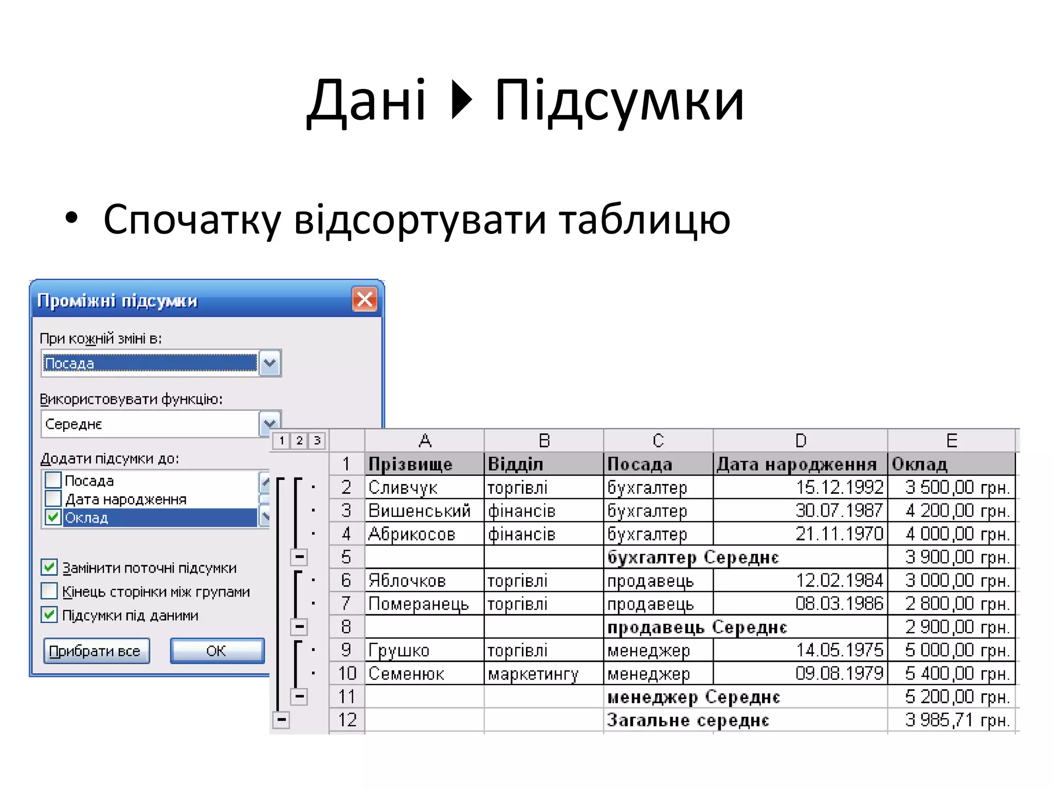 ДаніПідсумки
• Спочатку відсортувати таблицю
 
