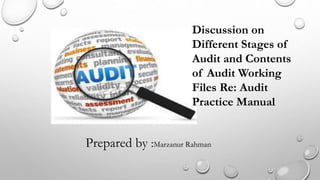 Prepared by :Marzanur Rahman
Discussion on
Different Stages of
Audit and Contents
of Audit Working
Files Re: Audit
Practice Manual
 