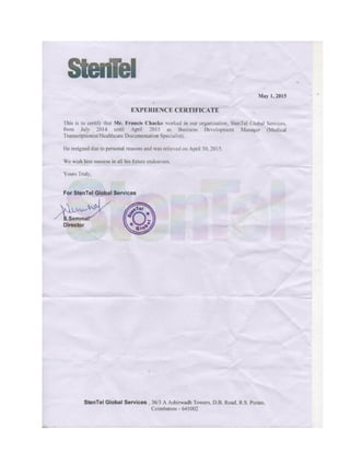 StenTel Global - Experience Certificate