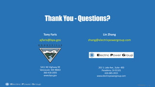 |
ThankYou - Questions?
16
201 S. Lake Ave., Suite 400
Pasadena, CA 91101
626-685-2015
www.electricpowergroup.com
Lin Zhang
zhang@electricpowergroup.com
Tony Faris
ajfaris@bpa.gov
03/23/2016
5411 NE Highway 99
Vancouver, WA 98663
360-418-2005
www.bpa.gov
 